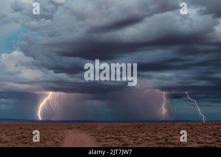 La foudre frappe d'un orage de mousson au-dessus du désert peint en Arizona Banque D'Images