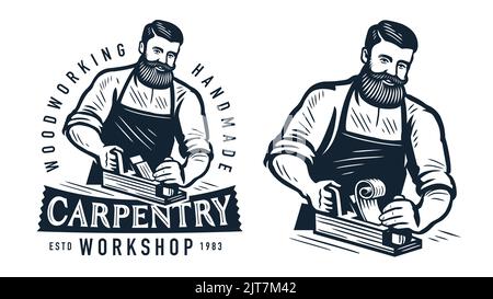 Charpentier avec outil de rabotage, menuiserie sur emblème en bois. Menuiserie, travail du bois, badge de travail du bois ou vecteur de symbole Illustration de Vecteur