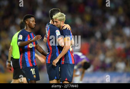 Barcelone,Espagne.28 août,2022. FC Barcelona v Real Valladolid Sergi Roberto (20) du FC Barcelone célèbre le quatrième but du match entre le RCD Espanyol et le Real Madrid correspondant au deuxième jour de la Liga Santander au stade RCDE à Barcelone, Espagne. Crédit : rosdemora/Alay Live News Banque D'Images