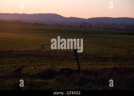 Paysages du biome pampa au coucher du soleil. En fin d'après-midi sur le terrain. Paysages ruraux. Crépuscule dans les zones agricoles. Nature. Couleurs et lumières crépusculaires. Feelin Banque D'Images