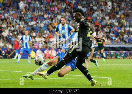 Barcelone, Espagne. 28th août 2022. 28th août 2022 ; Stade RCDE, Barcelone, Espagne : la Liga football, Espanyol contre Real Madrid ; Vini Jr. Crédit : Images sportives action plus/Alamy Live News Banque D'Images