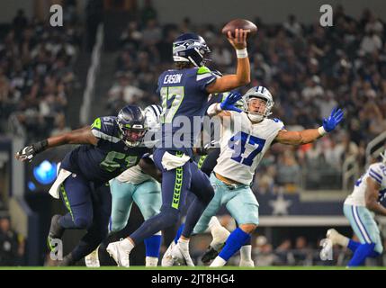 Seattle Seahawks quarterback Jacob Eason (17) passes during NFL football  practice as quarterback Drew Lock (2) looks on, Thursday, July 28, 2022, in  Renton, Wash. (AP Photo/Ted S. Warren Stock Photo - Alamy