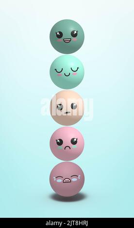 kawaii style emoji ou émoticône heureux à triste vente d'émotion. 3D illustration Banque D'Images