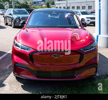 Un vus Mustang Mach-E Premium rouge d'occasion à vendre chez un concessionnaire par une belle journée d'été Banque D'Images