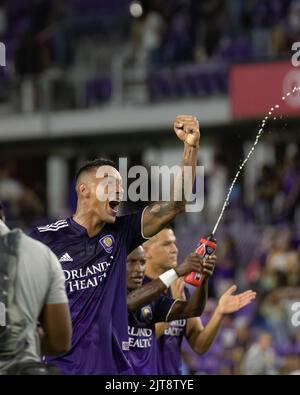 Orlando, États-Unis. 28th août 2022. Antonio Carlos (25 Orlando City) célèbre la victoire du match de football de la Major League entre Orlando City et le New York City FC au stade Exploria d'Orlando, en Floride. (Foto: Andrea Vilchez/Sports Press photo/C - DÉLAI D'UNE HEURE - ACTIVER FTP UNIQUEMENT SI LES IMAGES DE MOINS D'UNE HEURE - Alay) crédit: SPP Sport Press photo. /Alamy Live News Banque D'Images