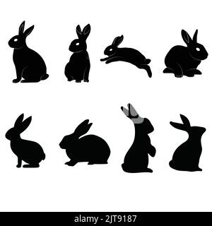 adorable lapin silhouette lapin animal silhouette noir vecteur lapin dans différentes poses Illustration de Vecteur