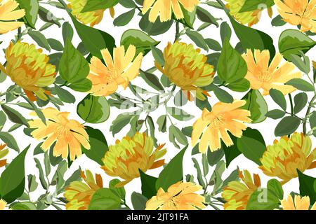 Motif fleuri vectoriel sans coutures. Fleurs jaunes et ocre avec feuillage vert sur fond blanc. Illustration de Vecteur