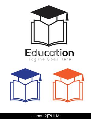 logo de l'enseignement supérieur avec capuchon de graduation et symbole de livre dans l'illustration du logo vectoriel en trois couleurs Illustration de Vecteur