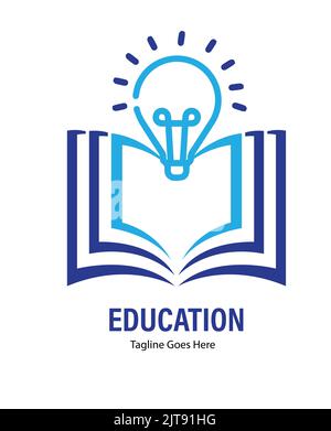 logo education logo school college university avec livre et formes de bulbe logo de couleur bleue illustration vectorielle Illustration de Vecteur