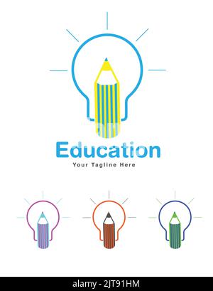 logo education avec formes crayon et ampoule en quatre couleurs illustration vectorielle du logo créatif Illustration de Vecteur