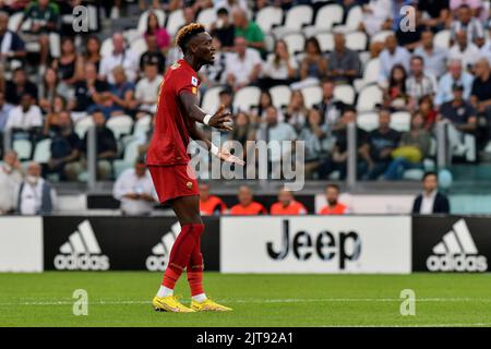 Tammy Abraham d'AS Roma réagit lors de la série Un match de 2022/23 entre Juventus FC et AS Roma au stade Allianz de 27 août 2022 à Turin, Italie Banque D'Images