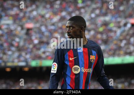 Barcelone, Espagne. 28th août 2022. BARCELONE, ESPAGNE - AOÛT 28 : Ousmane Dembélé du FC Barcelone regarde pendant le match de la Liga entre le FC Barcelone et le Real Valladolid CF à Barcelone sur 28 août 2022 au stade Spotify Camp Nou, en Angleterre. (Photo de Sara Aribó/PxImages) crédit: PX Images/Alamy Live News Banque D'Images