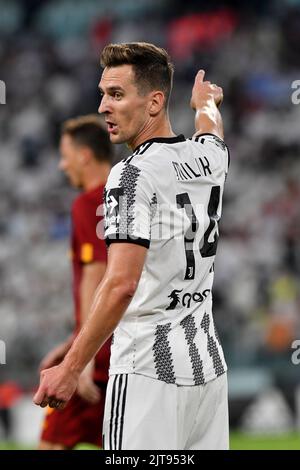 Arkadiusz Milik de Juventus FC gestes pendant la série Un match de 2022/23 entre Juventus FC et AS Roma au stade Allianz sur 27 août 2022 à Turi Banque D'Images