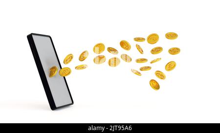 Concept de banque mobile, transfert de pièces de monnaie d'un smartphone à un autre téléphone portable, e-portefeuille de transfert d'argent en ligne, rendu 3D. Banque D'Images