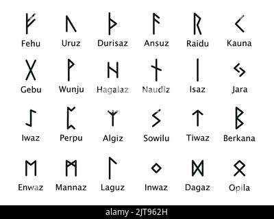 Runes. Collection complète d'alphabet Rune, futhark. Écrire des Allemands anciens. Symboles vectoriels Mystiques. Ésotérique, occulte, illustration pour Tattoo Illustration de Vecteur