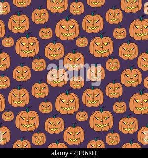 Motif Halloween. Lanternes en forme de citrouille. Fond coloré sans couture avec symboles de vacances d'automne Jack-o- lanternes. Halloween éléments dessinés à la main. Illustration de Vecteur