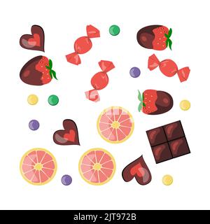 Bonbons colorés isolés sur fond blanc. Chocolats assortis de sucettes colorées, bonbons au caramel et fraises enrobées de chocol Illustration de Vecteur