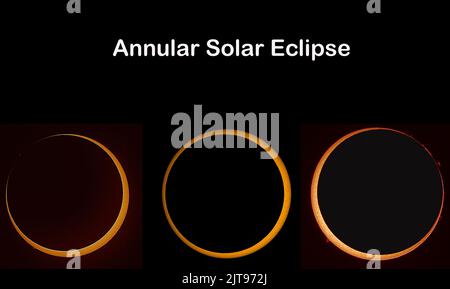 Phases éclipse solaire annulaires isolées sur fond noir. Des éléments de cette image ont été fournis par la NASA. Banque D'Images