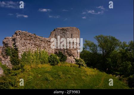 Château à l'intérieur d'un château : mur-rideau du 13th siècle et tour sud, éclairé seulement par des flèches, de l'intérieur amarré de bailey à première fondée comme des travaux de terre normands à l'intérieur des hautes parois du fort côtier romain tardif d'Anderitum, Fait maintenant partie du site du château de Pevensey maintenu par English Heritage à Pevensey, East Sussex, Angleterre, Royaume-Uni. Banque D'Images