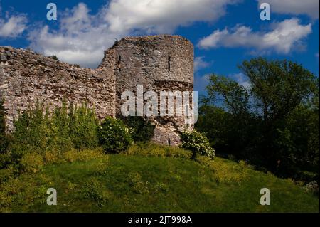 Château dans une forteresse romaine : mur-rideau du 13th siècle et tour sud, éclairé uniquement par des flèches, de l'intérieur de Bailey à l'origine fondé comme des travaux de terre normands à l'intérieur des hauts murs du fort côtier romain tardif d'Anderitum, Fait maintenant partie du site du château de Pevensey maintenu par English Heritage à Pevensey, East Sussex, Angleterre, Royaume-Uni. Banque D'Images