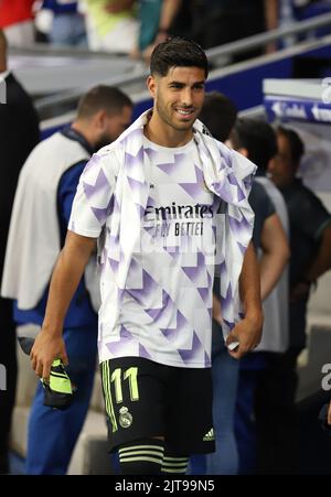 Sabadell, Barcelone, Espagne. 28th août 2022. Barcelone Espagne 28.08.2022 Marco Asensio (Real Madrid) regarde pendant la Liga Santander entre Espanyol et Real Madrid au stade RCDE le 28 août 2022 à Barcelone. (Credit image: © Xavi Urgeles/ZUMA Press Wire) Credit: ZUMA Press, Inc./Alamy Live News Banque D'Images