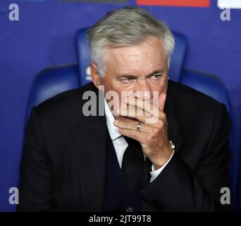 Sabadell, Barcelone, Espagne. 28th août 2022. Barcelone Espagne 28.08.2022 Carlo Ancelotti (Real Madrid) gestes pendant la Liga Santander entre Espanyol et Real Madrid au stade RCDE le 28 août 2022 à Barcelone. (Credit image: © Xavi Urgeles/ZUMA Press Wire) Credit: ZUMA Press, Inc./Alamy Live News Banque D'Images