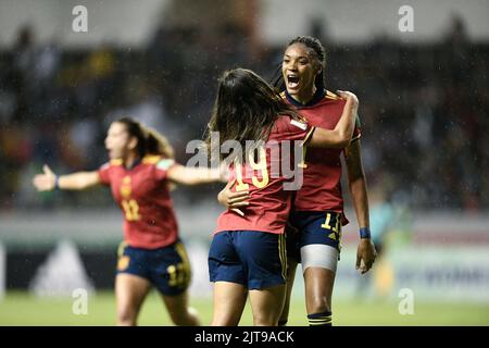 San José. 28th août 2022. Salma Paralluelo (R) d'Espagne fête ses points lors du match final de la coupe du monde des femmes U-20 de la FIFA 2022 à San Jose, Costa Rica, le 28 août 2022. Credit: Xin Yuewei/Xinhua/Alay Live News Banque D'Images