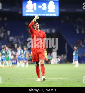 Sabadell, Barcelone, Espagne. 28th août 2022. Barcelone Espagne 28.08.2022 Thibaut courtois (Real Madrid) gestes pendant la Liga Santander entre Espanyol et Real Madrid au stade RCDE le 28 août 2022 à Barcelone. (Credit image: © Xavi Urgeles/ZUMA Press Wire) Credit: ZUMA Press, Inc./Alamy Live News Banque D'Images