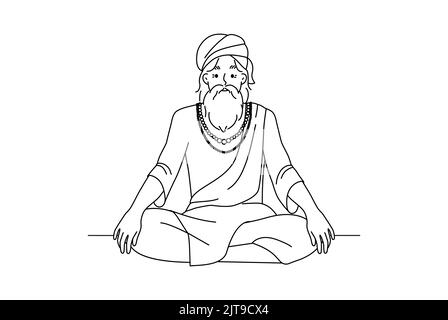 Vieil homme dans des vêtements traditionnels assis dans la position de lotus méditant. Les vieux yogi mâles pratiquent le yoga. Culture et tradition. Illustration vectorielle. Illustration de Vecteur