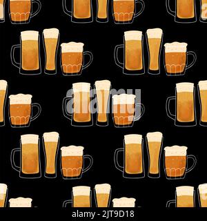 Motif sans couture illustration stylisée mugs de bière sur fond noir Illustration de Vecteur