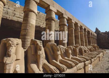 Des statues anciennes de Sphinx à tête de RAM au complexe du temple de Karnak près de Louxor, en Égypte Banque D'Images