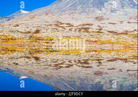 Montagne reflétée dans le lac STILL, Parc national de Rondane, Norvège. Banque D'Images