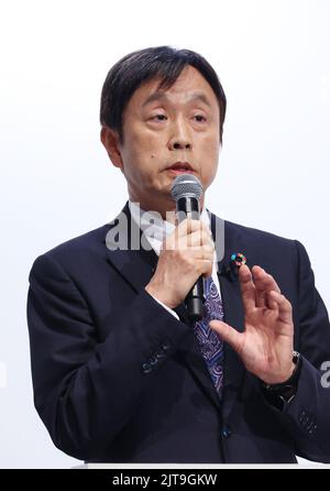 Tokyo, Japon. 29th août 2022. Le vice-président de Toyota, géant automobile japonais, Shigeru Hayakawa, annonce la promotion de la nouvelle arène « Tokyo A-Arena » pour l'arène d'Alvark à Tokyo lundi, 29 août 2022. Toyota commencera à construire l'aréna à partir de l'année prochaine et sera terminée en 2025. Credit: Yoshio Tsunoda/AFLO/Alay Live News Banque D'Images