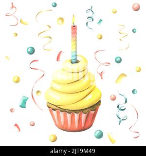 Petit gâteau jaune avec une bougie festive entourée de confettis et de rubans. Illustration aquarelle. Une composition d'un grand ensemble de JOYEUX ANNIVERSAIRE Banque D'Images