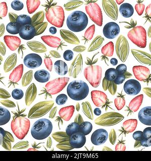 Fraises, bleuets et feuilles sur fond blanc. Illustration aquarelle. Motif sans couture provenant d'un grand ensemble de FRIANDISES. Pour le tissu, la cuisine Banque D'Images