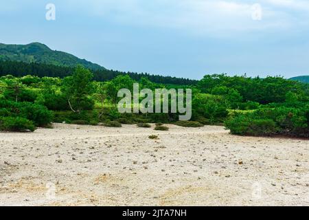 Paysage de l'île de Kunashir, tephra plage d'un lac chaud au fond du volcan de Golovnin caldera Banque D'Images