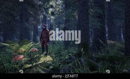 Un homme porte un masque toxique de protection dans la jungle. Concept futur de pollution de l'environnement terrestre. 3d rendu Banque D'Images