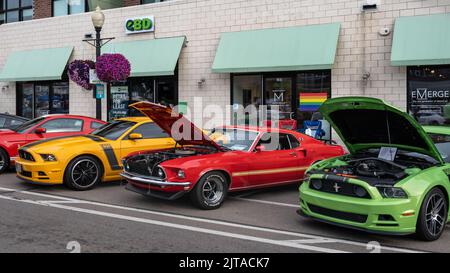 FERNDALE, MI/États-Unis - 20 AOÛT 2022 : quatre voitures Ford Mustangs (Boss, Mach 1, Shelby Cobra) à Mustang Alley sur la route Woodward Dream Cruise. Banque D'Images