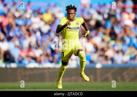 Getafe, Madrid , Espagne. 28 août 2022, Samuel Chukwueze de Villarreal CF pendant le match de la Liga entre Getafe CF et Villarreal CF joué au Colisée Alfonso Peres Stadium sur 28 août 2022 à Getafe, Madrid, Espagne. (Photo de Ruben Albarran / PRESSIN) Banque D'Images