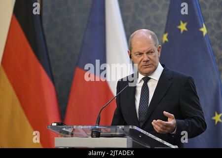 Prague, République tchèque. 29th août 2022. Lors de la conférence de presse, le chancelier allemand OLAF Scholz s'est prononcé avec le Premier ministre tchèque Petr Fiala sur le développement actuel de la guerre en Ukraine, la sécurité énergétique dans l'UE et la coopération bilatérale, sur 29 août 2022, à Prague, en République tchèque. Crédit : Michal Kamaryt/CTK photo/Alay Live News Banque D'Images