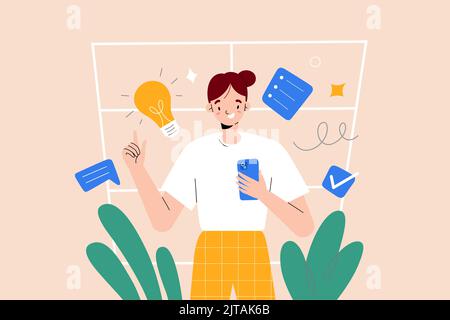Jeune femme ayant une idée ou une solution, prenant note dans l'application en utilisant son smartphone avec son doigt levé, concept d'application de prise de notes, vecteur Illustration de Vecteur