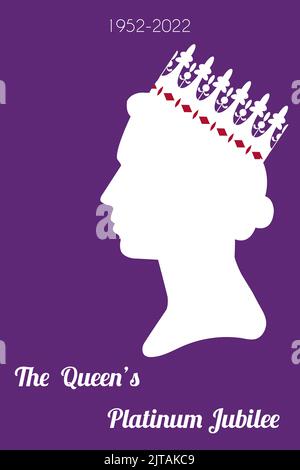 La célébration du Jubilé de platine de la Reine. Profil de silhouette de femme dans la couronne sur fond violet. Illustration vectorielle au format vertical pour soc Illustration de Vecteur