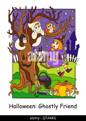 Une petite sorcière a rencontré un joli fantôme. Halloween concept pour les enfants. Illustration de dessin animé vectoriel colorée. Pour l'impression, la décoration, l'éducation et le jeu Illustration de Vecteur