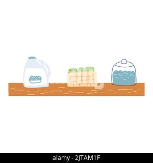 Étagère de salle de bains avec bouteilles, détergent et serviettes dans le style de dessin animé plat. Illustration vectorielle d'une étagère moderne et confortable. Illustration de Vecteur