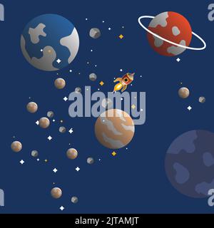 Une illustration des planètes, des étoiles et de la racket d'une petite fusée Illustration de Vecteur