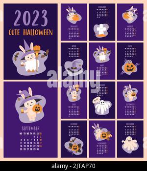 Modèle de calendrier d'Halloween 2023 mignon. Avec le symbole lapin de l'année, les fantômes, la chauve-souris et la lanterne Jack o citrouille sur fond violet. Jeu vertical de 12 pag Illustration de Vecteur