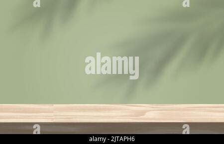 Arrière-plan minimal avec ombres des palmiers et table en bois vide. Podium en bois dans la composition abstraite de couleur vert pastel pour la présentation du produit Illustration de Vecteur