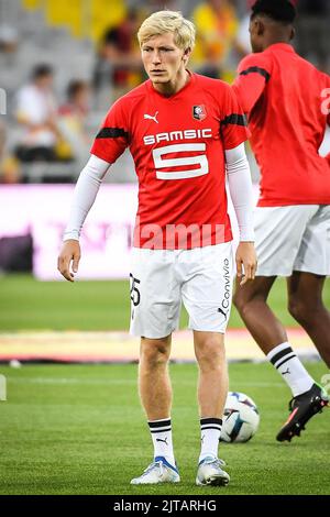 Objectif, France, France. 27th août 2022. Birger MELING de Rennes lors du match de la Ligue 1 entre RC Lens et le Stade Rennais (Rennes) au stade Bolaert-Delelis sur 27 août 2022 à Lens, France. (Image de crédit : © Matthieu Mirville/ZUMA Press Wire) Banque D'Images