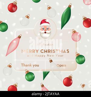 Joyeux Noël et Bonne Année. 3D Rappel, page Notifications avec la tête du Père Noël et les boules de verre Illustration de Vecteur