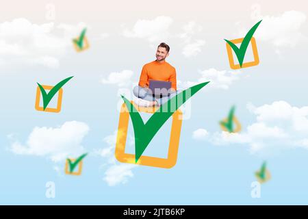 Les œuvres d'art créatives de collage de jeune programmeur d'homme heureux s'assoient autour de vert OK bons symboles isolés sur fond de peinture Banque D'Images